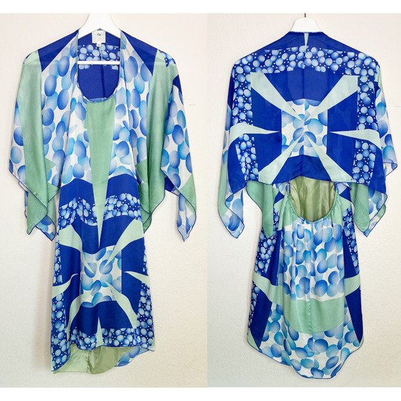 Anna Sui Silk Blue Handkerchief Geometric Kimono Sleeve Dress S - Picture 1 of 15